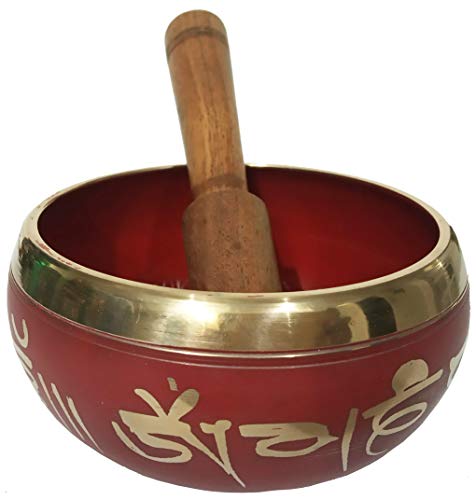 Purpledip Bell Metal Singing Bowl: Handmade Tibetan Buddhist Musical Instrument for Meditation, 4 inches (10779A) - style: Scripture design | 4 inches | Red | No pillow cushion