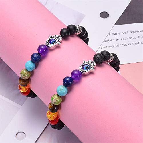 GelConnie Lava Rock Chakra Bracelet 7 Chakra 8mm Natural Stone Healing Bracelet Stress Relief Yoga Beads Anxiety Bracelet Aromatherapy Essential Oil Diffuser Bracelet Bangle - color: B-Evil Eye