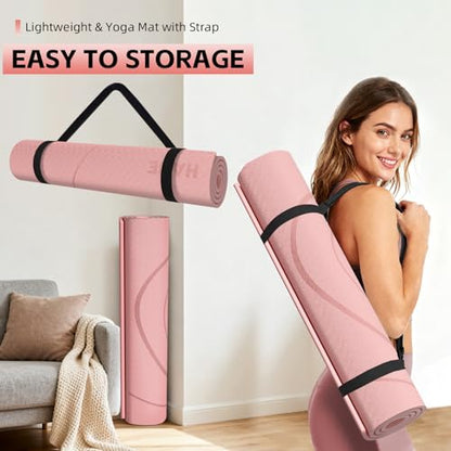 Large Yoga Mat Thick, 76"x32"x0.31"Wide POE Exercise Mat with Non-Slip Surface & Carry Strap, Anti-Tear Workout Mat for Yoga, Pilates, Fitness - color: Peach pink