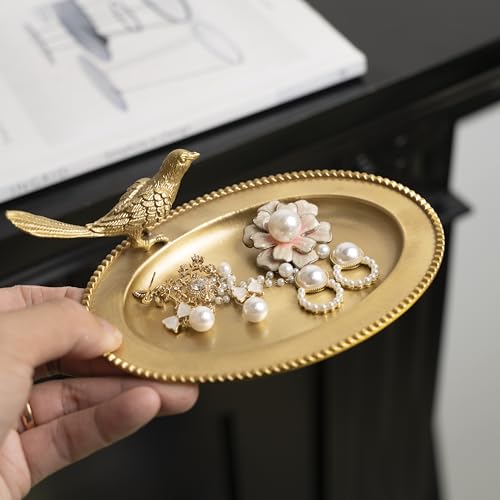 Bird Brass Jewelry Dish Tray,Gold Decorative Ring and Trinket Holder-Decorative Trinket Dish for Rings Earrings Necklaces Bracelet Watch Keys, Birthday Mother's Day Christmas Gift for Women - color: Golden Leaf Tray