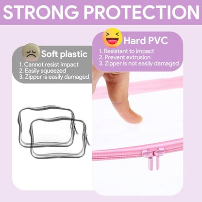 2Pcs Pink Frame Hard Shell Zipper Case, Travel Organizer with Clear Zipper Pouches Hard Shell Design, Multipurpose Clear Makeup Bag for Snacks, Toiletries Stationery Doll Storage (7.9x3.9 Inch)