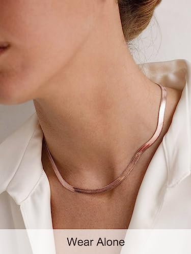 FOCALOOK 14K Gold Plated Necklaces for Women, Fashion Herringbone Choker Necklace Stainless Steel Flat Snake Chain 3/5MM(W) 12.5"/15"/18"+3.5"(L) - color: 5MM-Rose Gold-12.5"