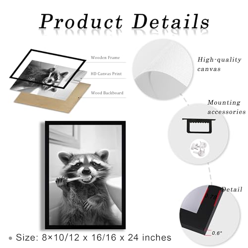 SYWENNOI Framed Black and White Bathroom Canvas Wall Art, Funny Raccoon Brushing Teeth Wall Decor, Farmhouse Humor Animal Art Prints for Restroom Decoration Ready to Hang 16x24 Inches