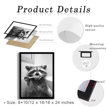 SYWENNOI Framed Black and White Bathroom Canvas Wall Art, Funny Raccoon Brushing Teeth Wall Decor, Farmhouse Humor Animal Art Prints for Restroom Decoration Ready to Hang 16x24 Inches