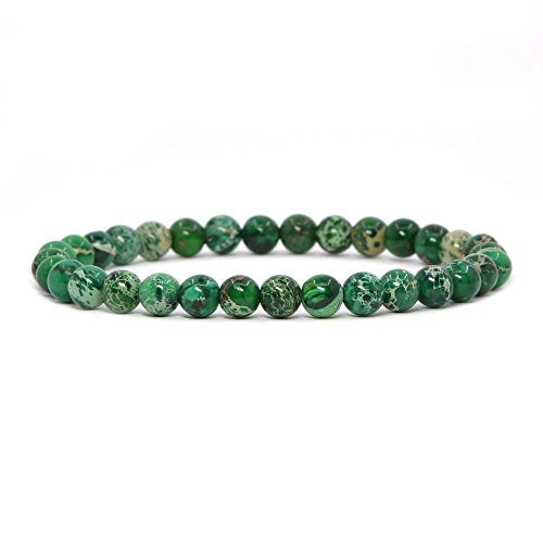 Justinstones Gem Semi Precious Gemstone 6mm Round Beads Stretch Bracelet 6.5 Inch Unisex - color: Green Sea Sediment Jasper