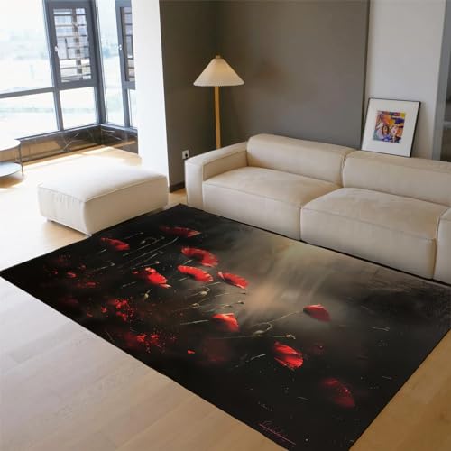 Meditation Area Rugs 3x4 Fluffy Cozy Red Floral Rug Lightweight Low Pile Anti Fatigue Carpets with Rubber Backing for Bedroom Study - size: 3'x4'/36x48inch/92x122cm