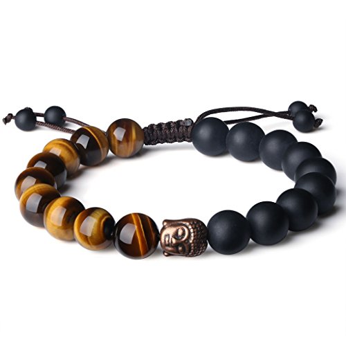 COAI Mens Womens Stone Buddha Head Prayer Bracelet - style: Brown Tiger Eye & Onyx