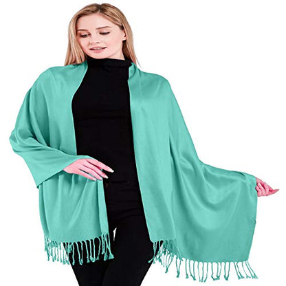 CJ Apparel Solid Color Tassels Design Nepalese Shawl Scarf Wrap Stole Throw Head Wrap Pashmina Gift Hand Made in Nepal New - color: Cyan