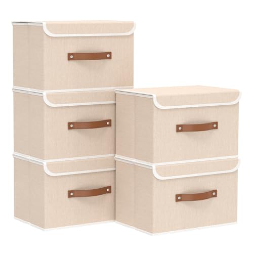 Yawinhe Collapsible Storage Boxes, Linen Fabric Baskets, Bin with lid and Leather Handle, Washable, for Home, Closet, Beige, 15.0''Lx9.8''Wx9.8''H, 5-Pack, USNK024BEL-5 - color: Beige, size: L/(5 Pack)