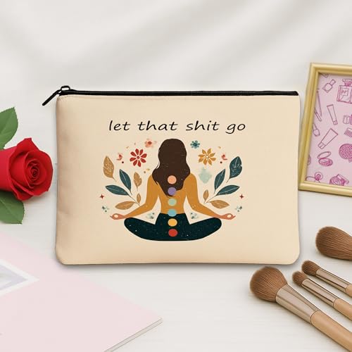 Meditation Floral Cosmetic Bag, Bohemian Chic Zen Makeup Pouch for Women, Portable Canvas Zip Organizer, Mindfulness Gift for Spring 7x9 Inch