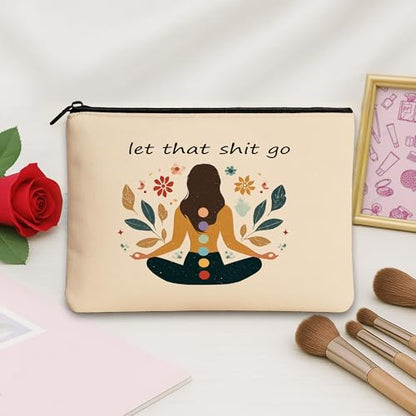 Meditation Floral Cosmetic Bag, Bohemian Chic Zen Makeup Pouch for Women, Portable Canvas Zip Organizer, Mindfulness Gift for Spring 7x9 Inch