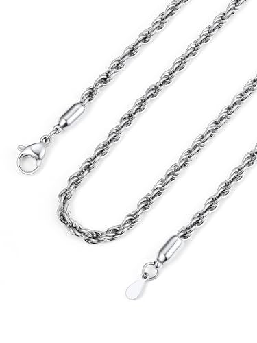 Bandmax Solid 1.5mm/2mm/3mm/6mm Rope Chains for Men Women 14K Gold Plated/Black Plated Stainless Steel Twist Chain 16-30 Inches, with Gift Box - color: 07 3MM Steel