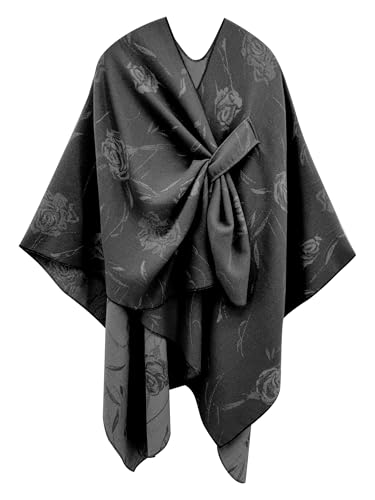 Women's Elegant Shawl Wraps, Soft Open Front Poncho Cape, Reversible Casual Cardigan Shawls for Gift Travel - color: Black
