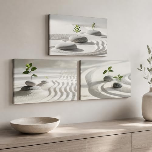 3 Pieces Zen Wall Art, Stone and Green Leaf Pictures Zen Wall Decor Canvas Print, Yoga Spa Meditation Painting Calming Home Decorations Artwork for Spiritual Room Office Living Room Bedroom Bathroom - color: 3Zen Art04, size: 18"L x 12"W (3pcs)