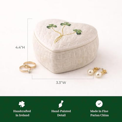 Belleek Classic Kylemore 4.4-Inch Trinket Box, Handcrafted Parian China Decorative Storage, Irish Shamrock Decor, White