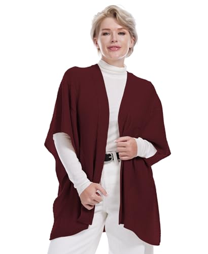 MissShorthair Knit Shawl Wraps for Women Boho Crochet Shawls Cape Open Front Cardigan - color: Burgundy