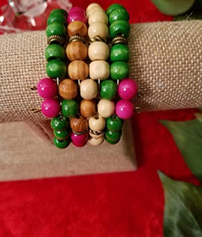 Handmade Beaded Cuff Bracelet - color: tri color wood