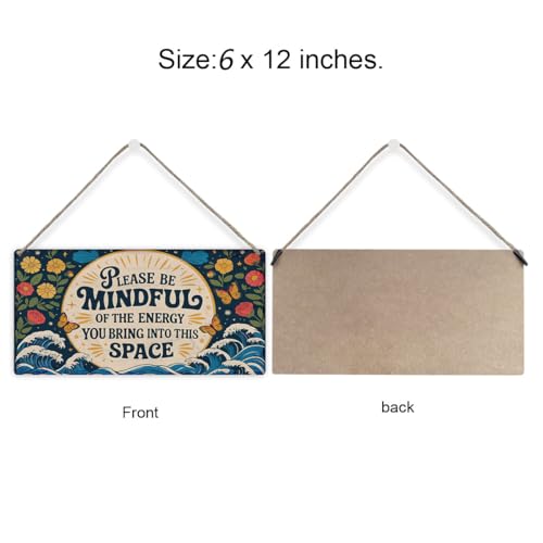 Funny Inspirational Wall Art Please Be Mindful of the Energy You Bring Wooden Sign,Spiritual Wall Zen Spa Decor for Home,Yoga Room,or Meditation Space Accessories,Retro Office Wall Art Aesthetic Decor