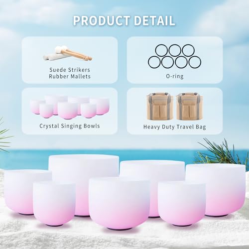 Hye-eun 7PCS 432Hz Crystal Singing Bowls Set, Premium Quartz Meditation Sound Bowls for Chakra Healing Yoga Reiki, Include Rubber Mallets & Carrying Bags-7-12 Inch (Pink Gradient) - color: 7-12inch 432hz Half-Pink 7PCS