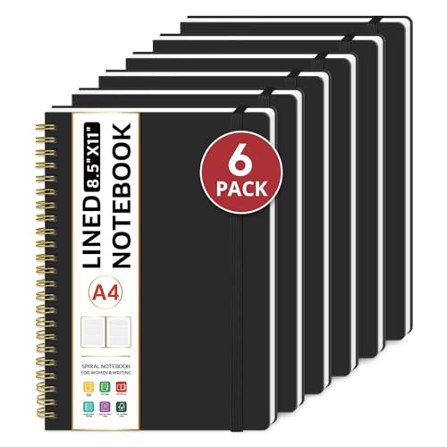 Taja Spiral Lined Notebook, 8.5"x11" Notebooks for Work, 6 Pack, Large A4 Journal for Women & Men, College Ruled Journaling Notebook for Writing, 6 Pcs, Plastic Cover Spiral Journal, Black - color: D-Black, style: A - Lined（6Pack）