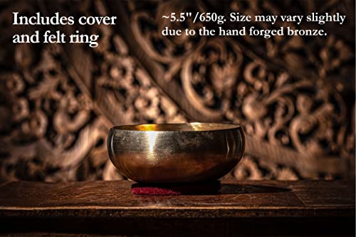 Bronze Singing Bowl with Felt Ring and Cover, Cosmos Series — MADE IN INDIA — For Meditation, Yoga and Sound Healing Therapy, 2-YEAR WARRANTY - size: 5.5", style: Single