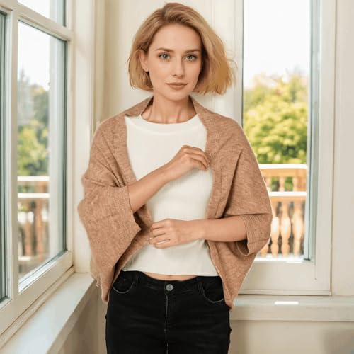 WaJuemy Shrug Sweater Shawl Wraps for Women Soft Cashmere Ponchos Sweater Cardigan Casual Open Front Top Cape Shawls - color: 03 Khaki