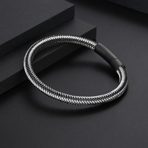 Men's Leather Bracelet, Stackable Stainless Steel Clasp Bracelets for Men Stylish Birthday, Thanksgiving, Valentine's Day Gift for My Man - style: 8.2" Silver and Black Cord