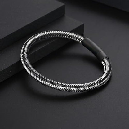 Men's Leather Bracelet, Stackable Stainless Steel Clasp Bracelets for Men Stylish Birthday, Thanksgiving, Valentine's Day Gift for My Man - style: 8.2" Silver and Black Cord