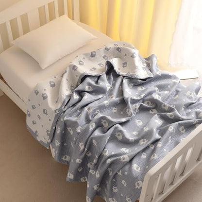 NTBAY 3 Layer Oversized Muslin Cotton Toddler Blanket, Jacquard Reversible Nursery Bed Blanket, Super Soft and Thermal for All Seasons, Baby Gift, 45"x60", Blue Elephant - color: Blue Elephant, size: 45x60 Inch (Pack of 1)