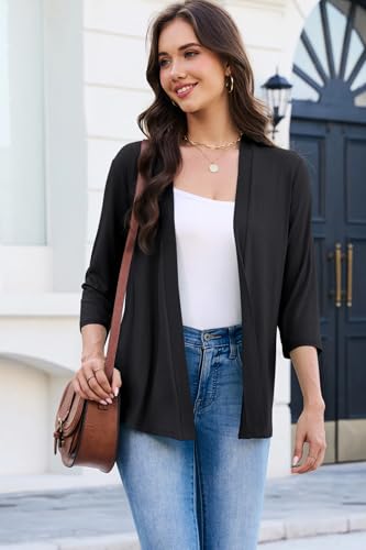 Yekaty 3/4 Sleeve Cardigan for Women Lightweight Thin Open Front Summer Soft Drape Cardigans - color: Black, size: XX-Large