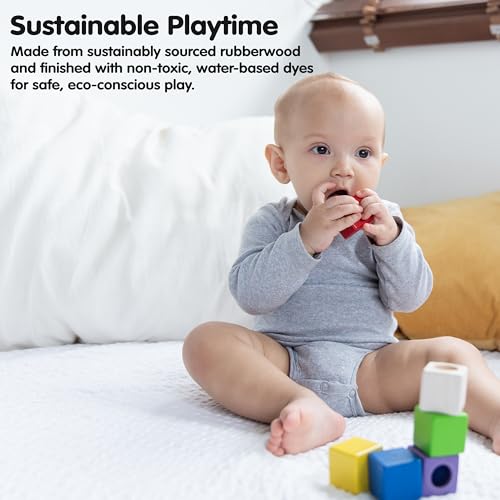 PlanToys® Sensory Activity Blocks for Toddlers – 9-Piece Set with Visual, Auditory & Tactile Stimuli – Montessori Toy with Storage Bag – Wooden Learning Toy for Babies & Kids Ages 12 Months+