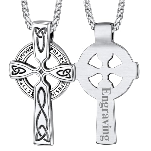 FaithHeart Norse Viking Rune Necklace with Adjustable Braided Leather/Stainless Steel Rope Chains for Men Women, Vintage Amulet Jewelry Gift with Delicate Box - color: 04. Celtic Cross-Silver (Personalized)
