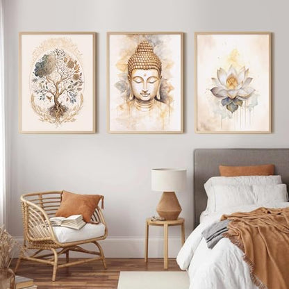 Lhoiplme Zen Wall Art Decor Buddha Lotus Flower Artwork Tree of Life Canvas Painting Yoga Meditation Studio Wall Art Mindfulness Spiritual Energy Poster for Living Room Bedroom 8x10x3 Inch Unframed