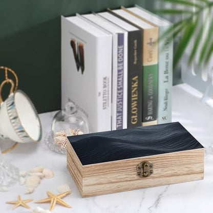 Deep Black Waves Wooden Storage Box with Hinged Lid And Front Clasp Decorative Storage Keepsake Boxes Wooden Gift Jewelry Organizer Boxes Office Desk Organizer