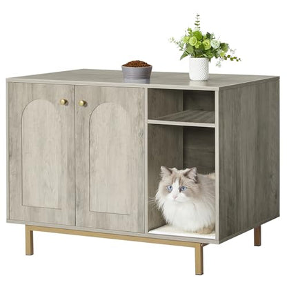 Hzuaneri Cat Litter Box Enclosure Enclosed, Hidden Litter Box Cabinet Furniture with Storage, Wooden Indoor Cat House Large, Modern End Table for Living Room Entryway, Greige and Gold CB01505G - color: Greige and Gold