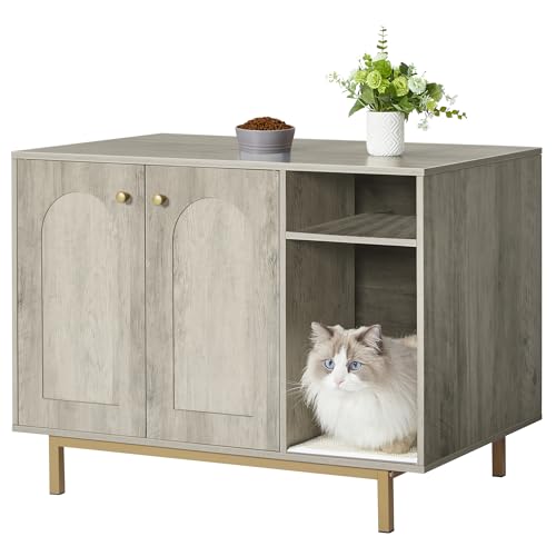 Hzuaneri Cat Litter Box Enclosure Enclosed, Hidden Litter Box Cabinet Furniture with Storage, Wooden Indoor Cat House Large, Modern End Table for Living Room Entryway, Greige and Gold CB01505G - color: Greige and Gold