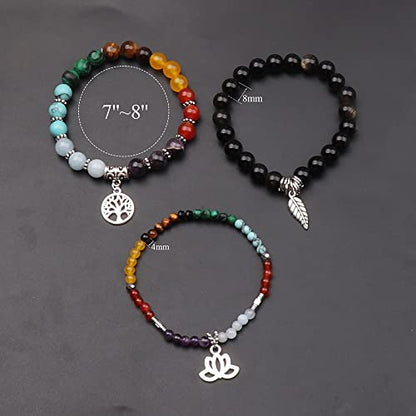 Tree of Life Yoga Healing Stone Bracelets,Multilayer Lotus Chakra Stone Reiki Bracelet Sets,Anxiety Crystal Natural Stone,for Women Stress Relief - style: Chakra+Golden Obsidian