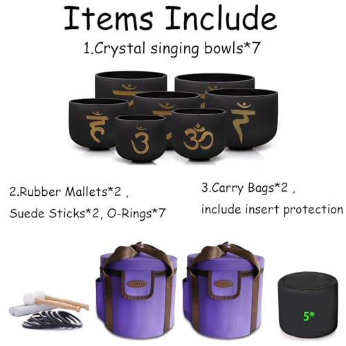 7-12 inch 432HZ Gold Powder Printing Black Chakra Crystal Singing Bowls Set of 7 Meditation Bowl Frosted Healing Quartz Bowls with 2 Travel Carry Case Bag 2 Mallet Suede 2 Strikers 7 O-rings