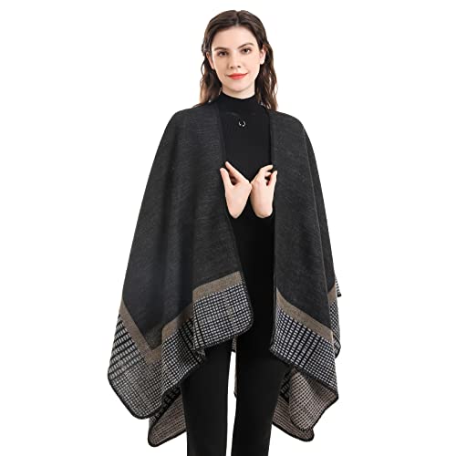 Shawl Wraps for Women, Elegant Knitted Cape Open Front Poncho Scarf Blanket Cardigan Coat for Spring, Autumn, and Winter - color: Black Gray Khaki