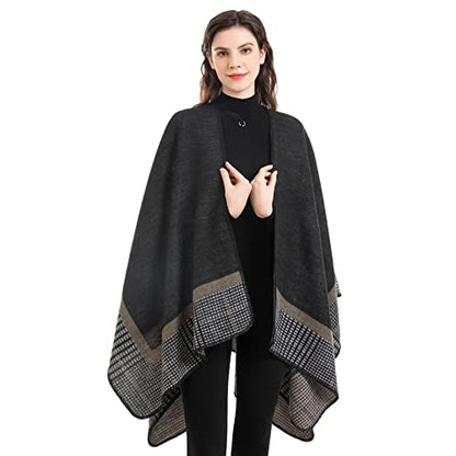 Shawl Wraps for Women, Elegant Knitted Cape Open Front Poncho Scarf Blanket Cardigan Coat for Spring, Autumn, and Winter - color: Black Gray Khaki