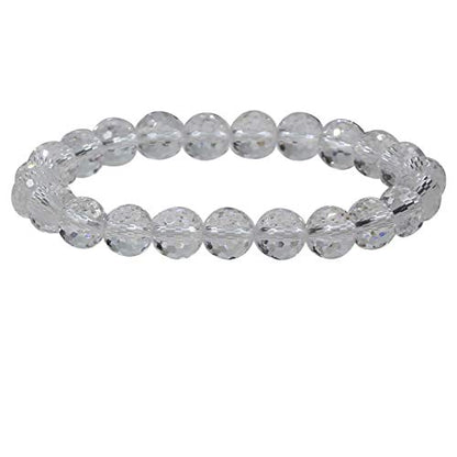 Amandastone Natural Gemstone 8mm Round Beads Stretch Bracelet 7 Inch - color: Faceted Clear Quartz