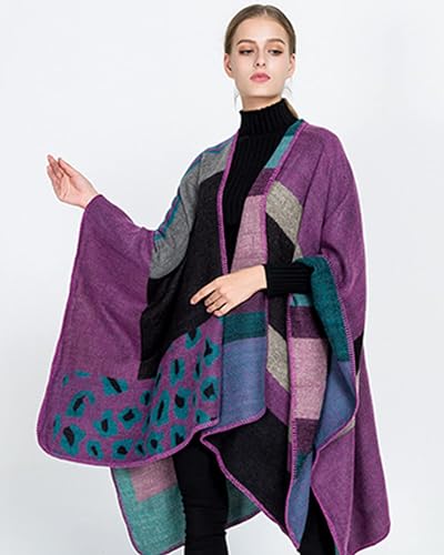 Women's Shawls and Wraps Open Front Poncho Cape Winter Sweater - color: L8-light Purple