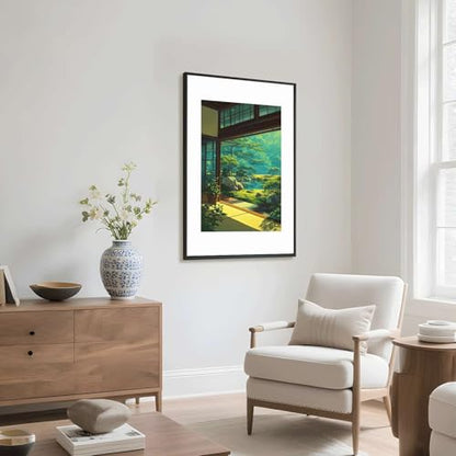Framed Japanese Zen Garden View Poster Canvas Print Art Minimalist Aesthetic Painting Wall Art Pictures Wall Decor, Elegant Home Decor for Living Room Bedroom Office Decoration Art Print (black frame,12"LX16"W)