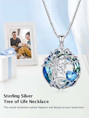 TOUPOP s925 Sterling Silver Family Celtic Tree of Life Pendant Necklaces with 2 Heart Birthstone with Blue Austrian Crystal Jewelry Birthday Valentines Day Gifts for Her, Anniversary Christmas Gifts for Wife Girlfriend Mom (18K Real White Gold Filled) - c