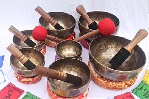 Singing Bowl set of 7-Antique Hand hammered Seven chakra Singing Bowls for chakra healing, meditation, sound balancing-Crafted in Nepal.