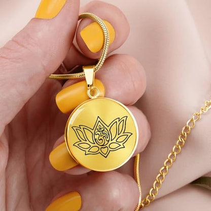 quan jewelry Yoga Lotus Flower Pendant Necklace with Om Symbol, Happy Birthday Gifts Ideas for Mom, Daughter, Women with Inspirational Quote on Gift Card - color: 18K Gold-Tone Cirle Plate