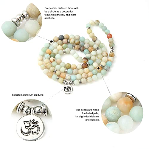 8mm 108 Mala Beads Wrap Bracelet Necklace for Yoga Charm Bracelet Natural Gemstone Jewelry for Women Men - color: OM Matte Amazonite Stone