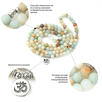 8mm 108 Mala Beads Wrap Bracelet Necklace for Yoga Charm Bracelet Natural Gemstone Jewelry for Women Men - color: OM Matte Amazonite Stone