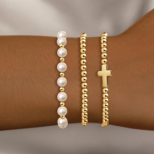 Zeffy Gold Pearl Beaded Bracelet for Women, 14K Gold Plated Jewelry Set With Paperclip Link Chain, Trendy Stack Bracelets - style: 3PCS Pearl Cross Beaded Bracelets