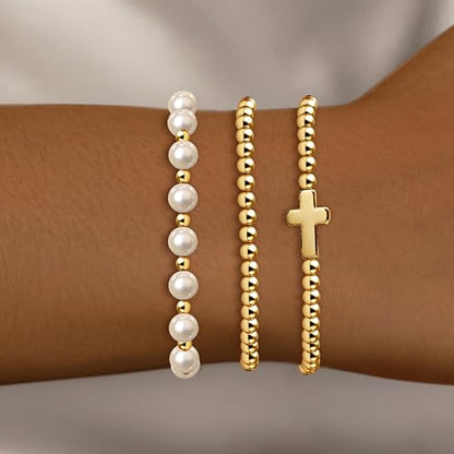 Zeffy Gold Pearl Beaded Bracelet for Women, 14K Gold Plated Jewelry Set With Paperclip Link Chain, Trendy Stack Bracelets - style: 3PCS Pearl Cross Beaded Bracelets